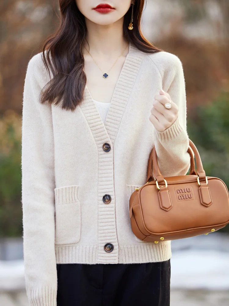 2024 New Spring Fashion Women 100% Merino Wool Cashmere Sweater  V-neck Cardigan Buttons Lazy Temperament Knitwear  Top Coat