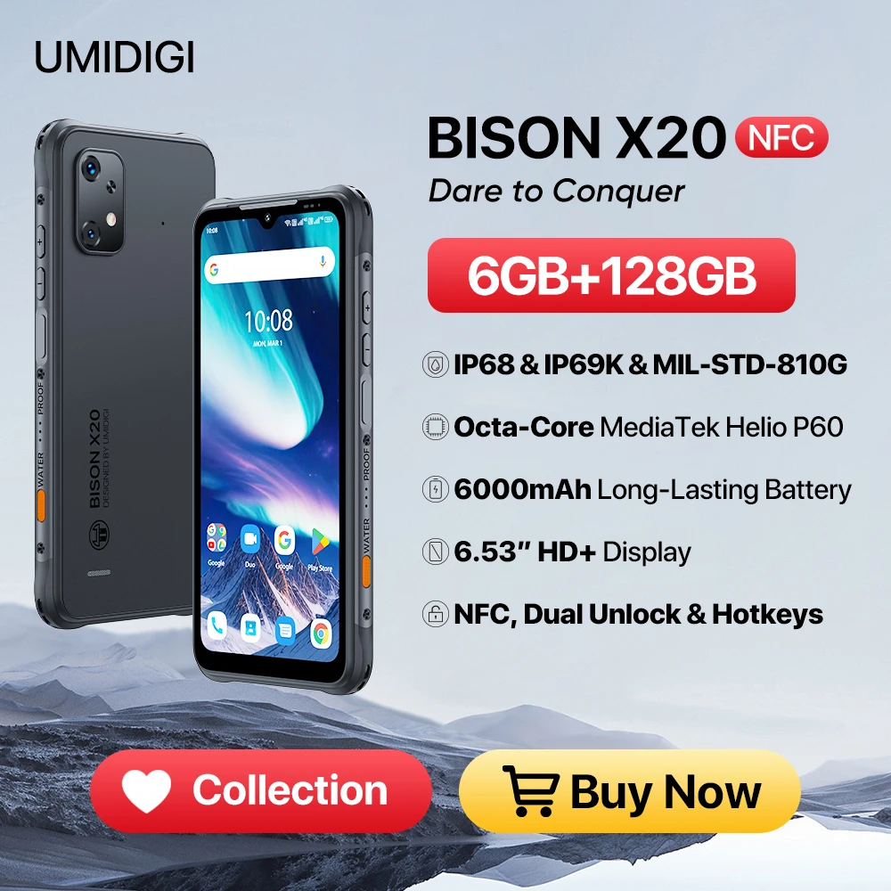 IP68/IP69K UMIDIGI BISON X20 Rugged Smartphone Android 13 MTK Helio P60 Octa-Core 6.53\