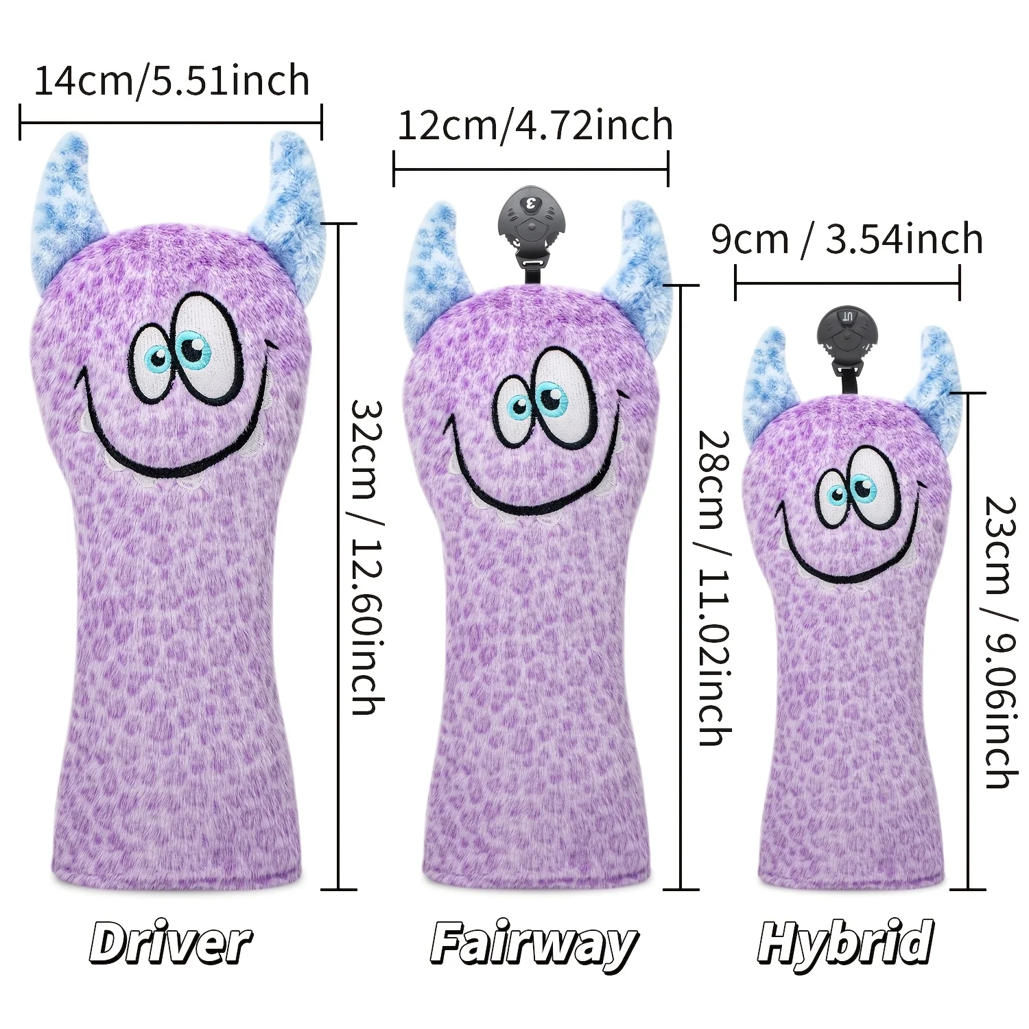 1pc/4pcs Purple Fluffy Monster Horn Cartoon Golf Club Head Covers, Compatible with Driver, Fairway, Hybrid Clubs, Universal Size image 6