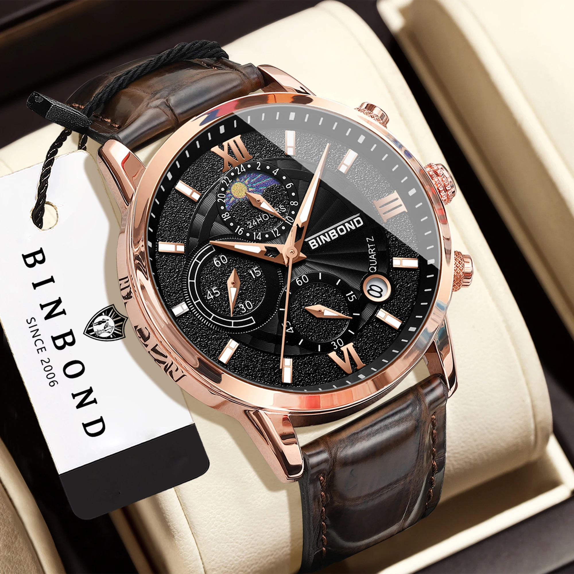 BINBOND Original Quartz Wristwatches For Men Luxury Luminous Waterproof Chronograph Men's Watch Relojes Para Hombres+Gift Box