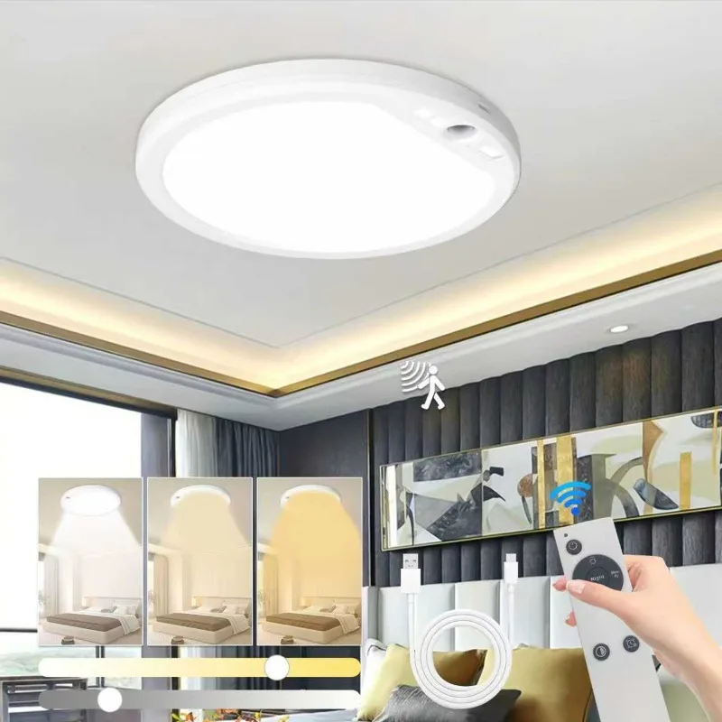 

Round Magnetic Attraction Motion Sensor Lights Wireless Induction 3 Color Ceiling Light with Remote Control Dimmable Night Light