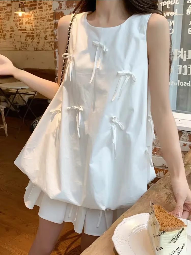 Summer Sweet Design 2 Piece Set Women Casual Kawaii Bow Sleeveless Tops + Cute Mini Skirt Female 2000s Y2k Retro Skirt Outifts