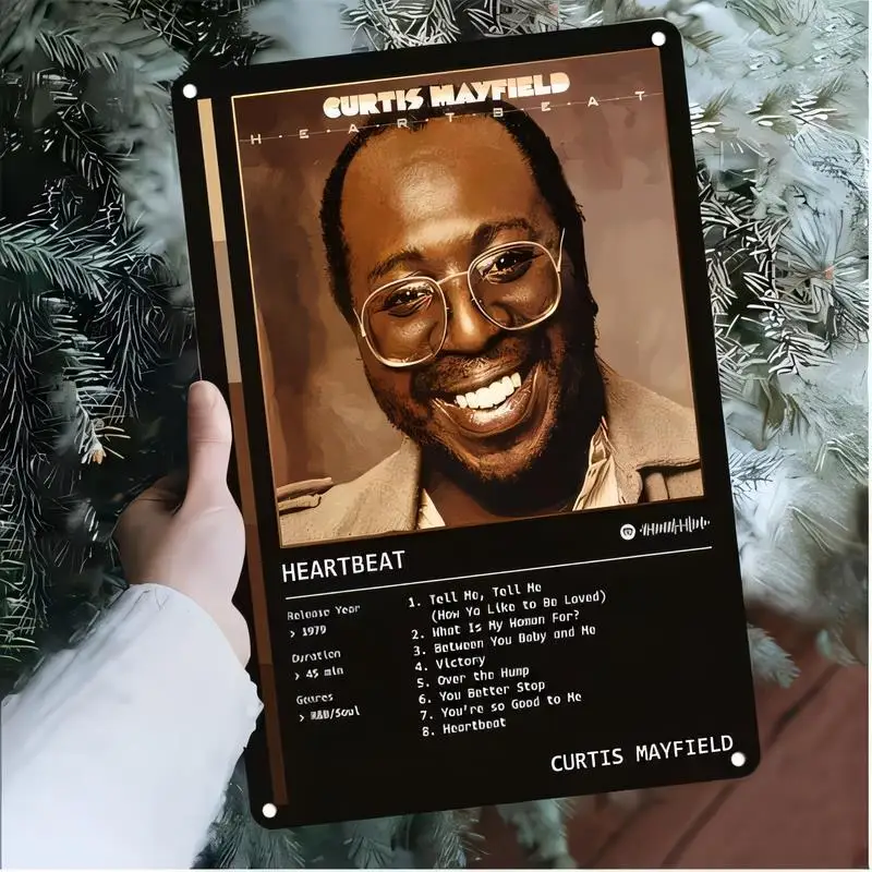 Retro Curtis Mayfield Heartbeat Metal Tin Sign - Black & Brown R&B Soul Album Art, Iron Wall Decor (Tracklist) for Music Rooms,