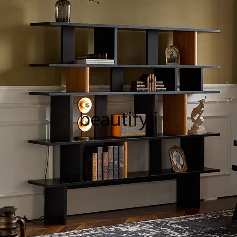 ls 42Retro solid wood bookshelf living room floor-to-ceiling integrated home study multi-layer shelves