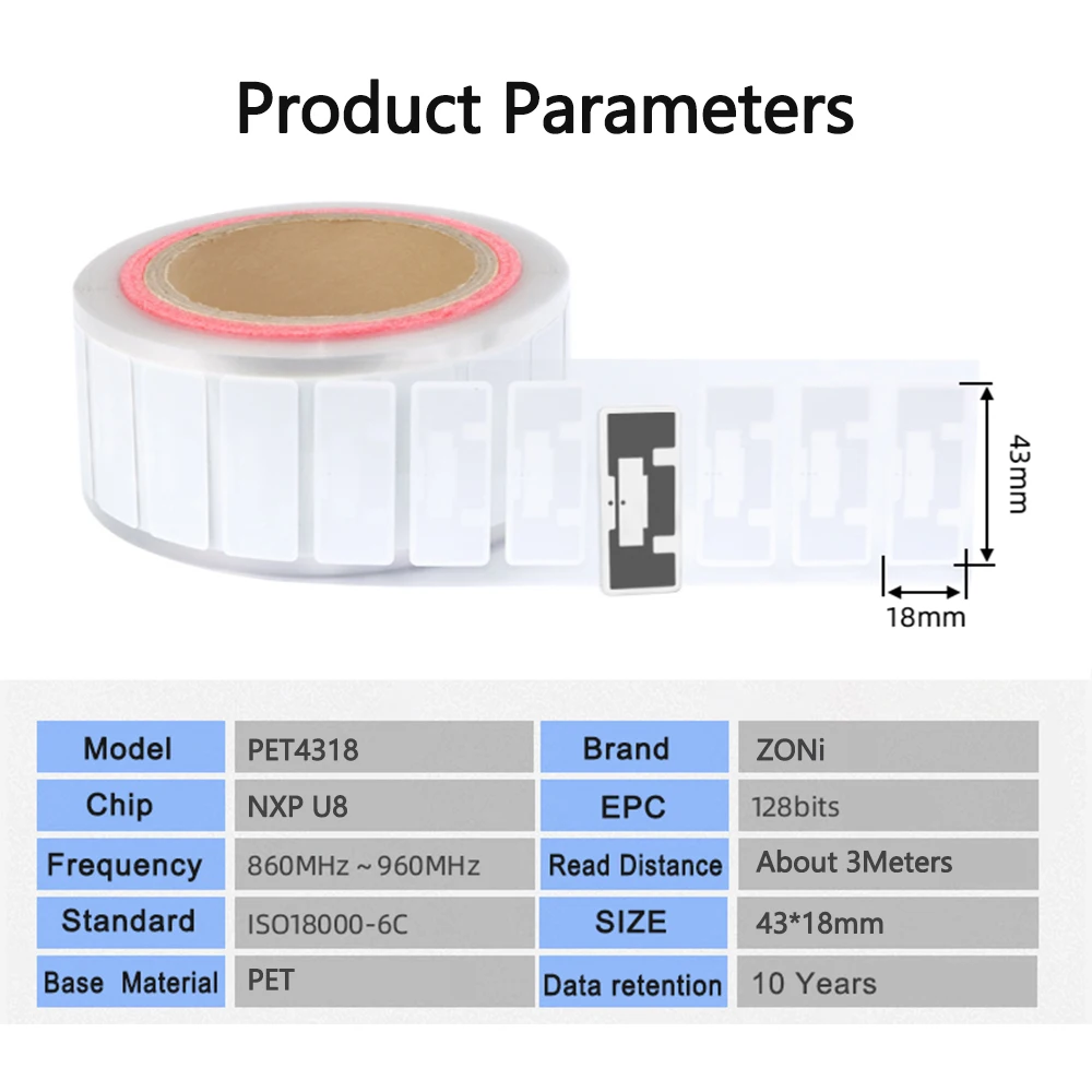 RFID UHF Tag PET Adesivo Resistente ai liquidi 18000-6C EPC Classe 1 Gen 2 860-960 MHz NXP U8 Chip Etichetta PET elettronica 915 MHz 20 PZ
