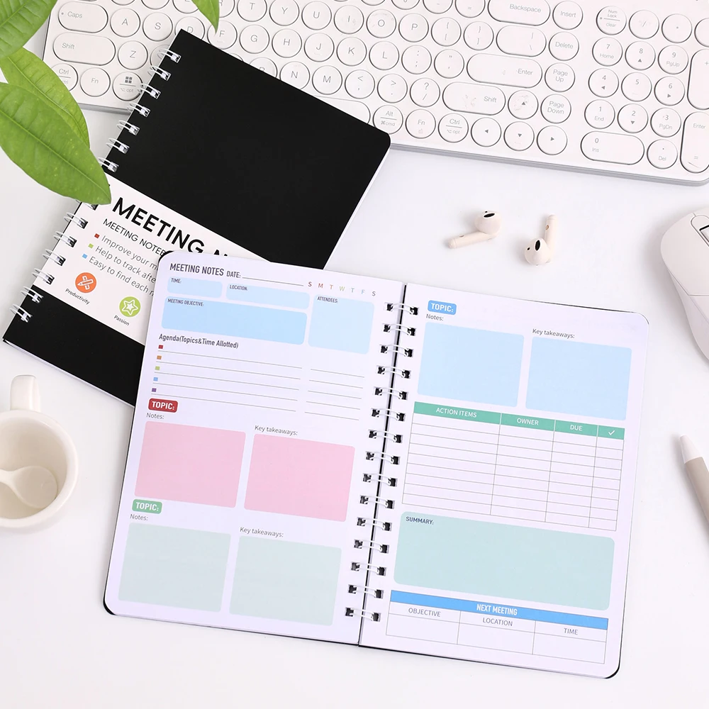 32 sheets Black Cover Meeting Notes Coil Meeting Minutes Record Notebook For Office Notes Organizer Meeting Project Planner