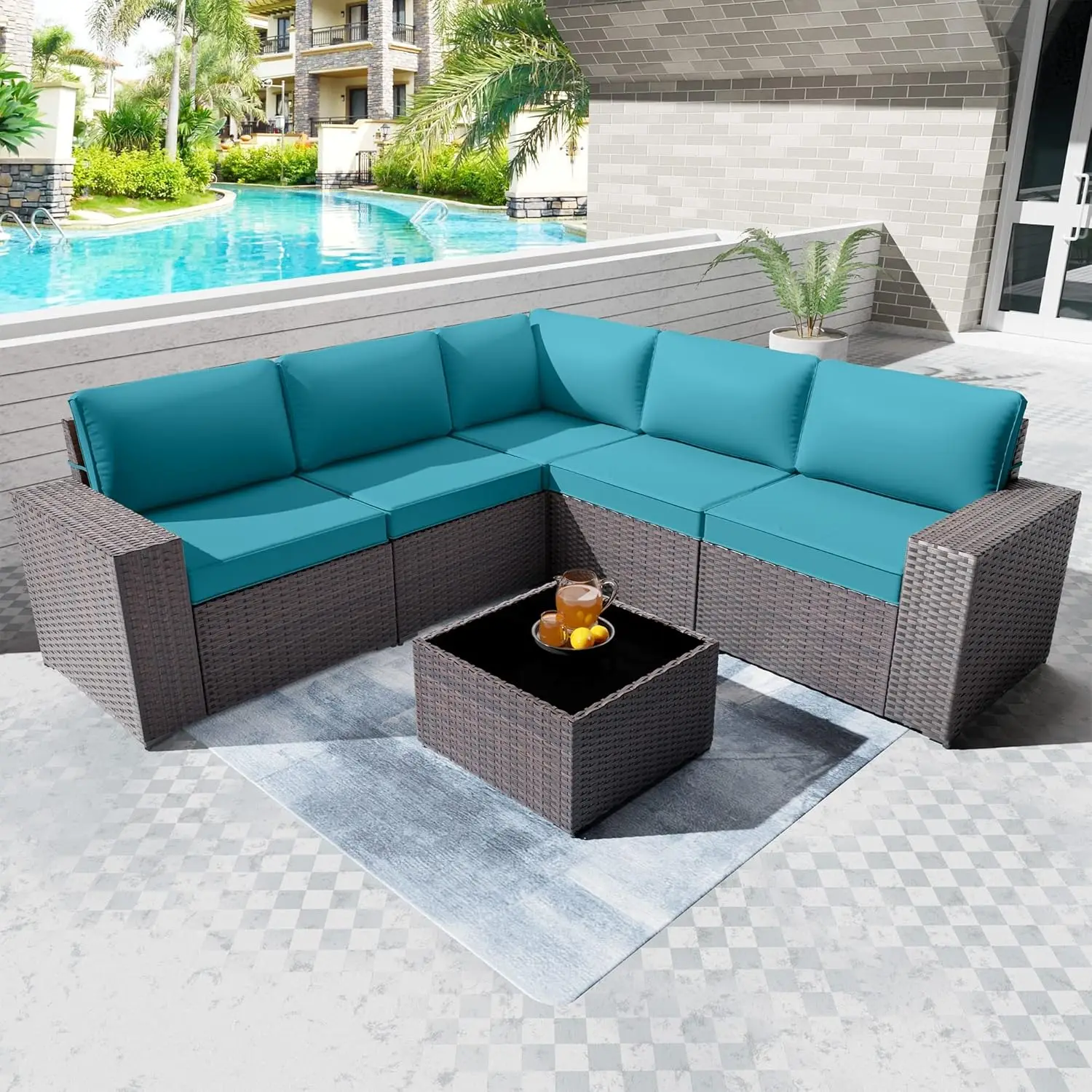 

6 Pieces Outdoor Patio Conversation Sets, Modern All-Weather Wicker Patio Furniture Sets with 5 Black&Brown Chairs, Coffee Table