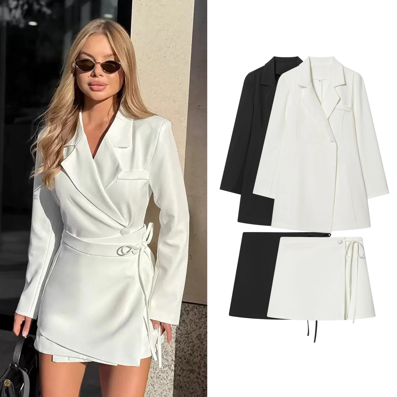 

Женские комплекты: блейзер и короткая юбка, или весенне-осенние женские блейзеры с отложным воротником на одной пуговице, или элегантные мини-юбки А-силуэта с завязками.