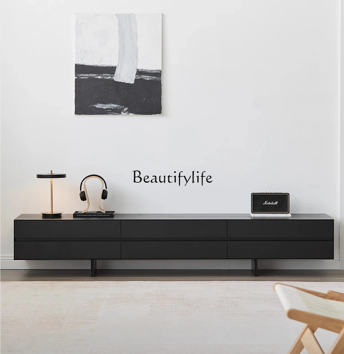 

Floor-to-ceiling TV storage locker integrated black light luxury ash solid wood TV cabinet