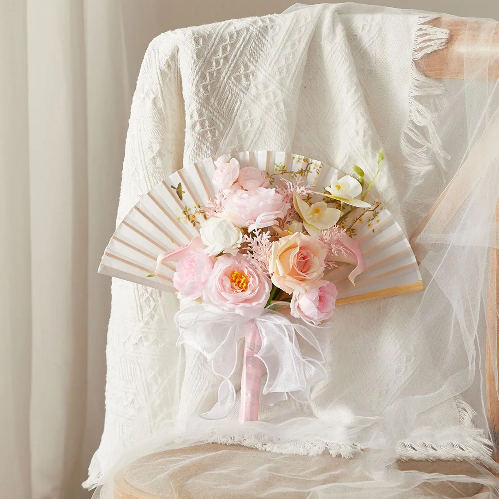 Elegant Silk Cloth Bridal Bouquet Fan for Wedding Bride Flower Decoration Gift