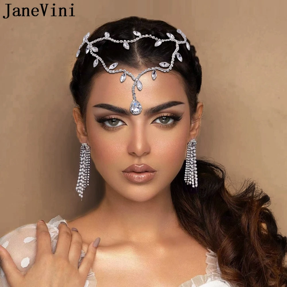 JaneVini Arabic Crystal Beaded Headpiece Women Brides Forehead Headband Party Wedding Hair Accessories Jewelry Bridal Headdress