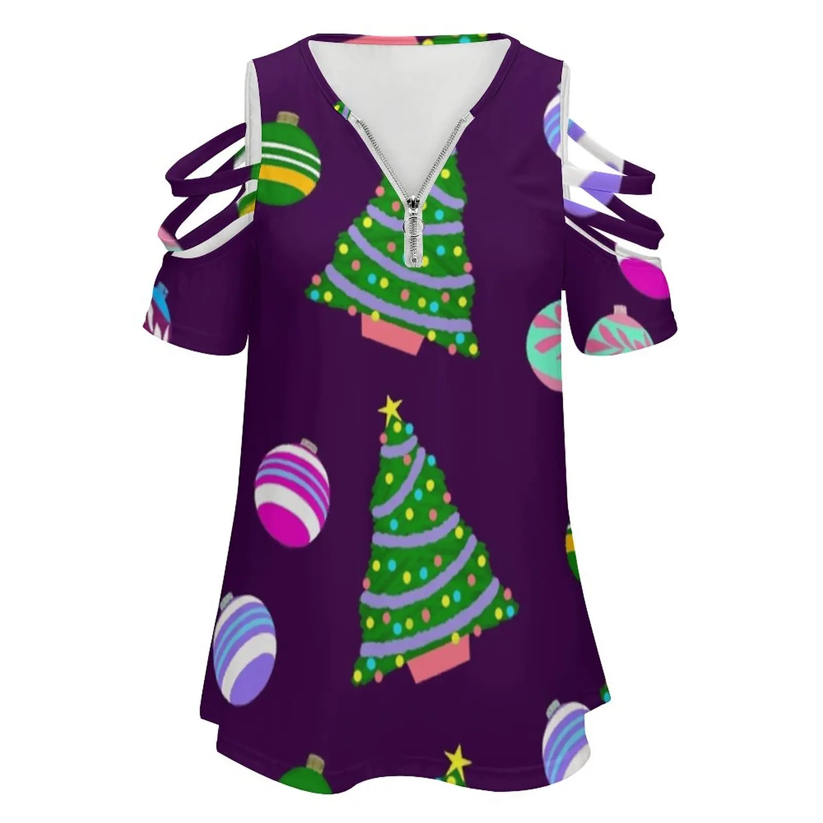 Christmas Trees And Baubles New Fashion Zip Off Shoulder Top Short-Sleeve Women Shirt Christmas Xmas Christmas Trees Baubles