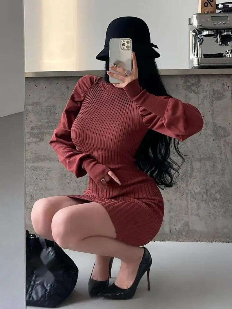 

Korean Pure Desire High Neck Slim Puff Sleeve Knitted Bodycon Dress Short Dress Fashion Women Sweater 2025 New Autumn Q58G