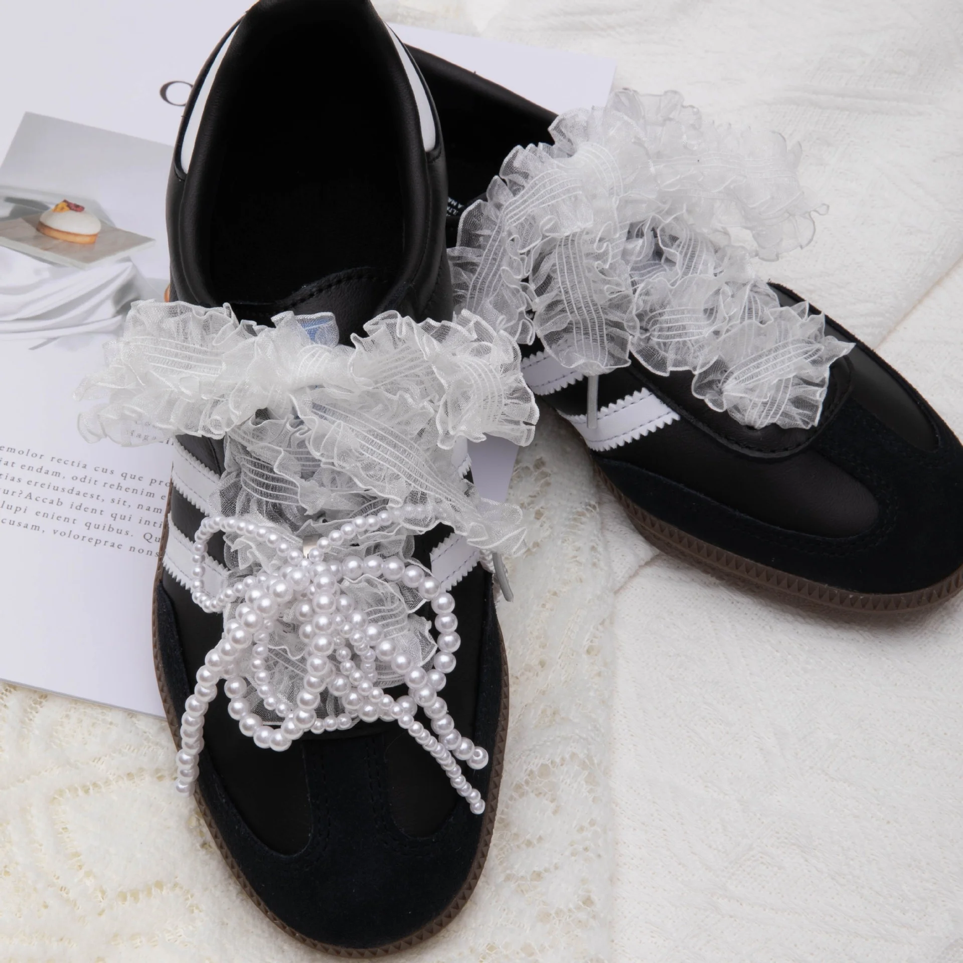 Lace Fungus Edge Shoe Laces Ballet Style Pearl Bow Shoes Accessories Flat Shoelaces Sneakers Width 1.2cm/3cm Length 80cm/120cm