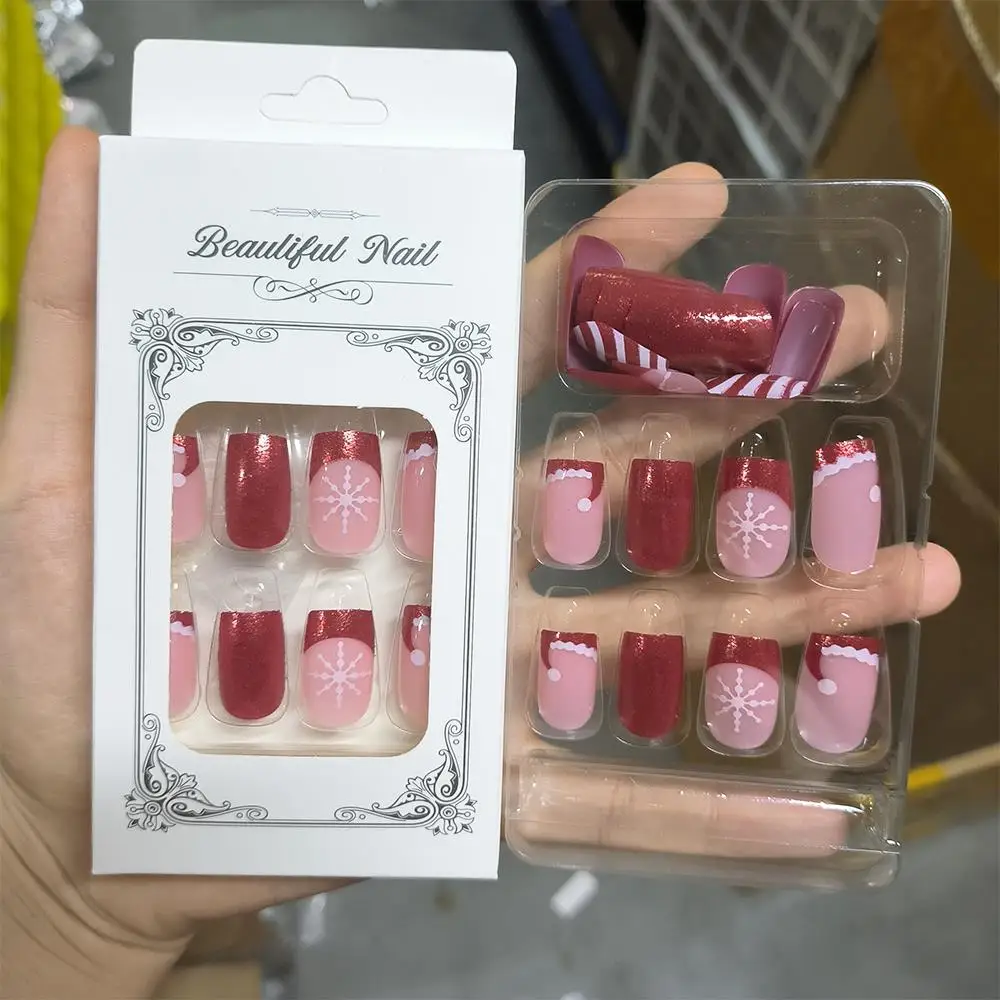 24 Stücke Weihnachten Rot Glitter Gefälschte Nägel Weihnachten Hut Weiße Schneeflocke Streifen Design Drücken Sie Auf Nagel Kurze Quadratische Weihnachten Falsche nagel Tipps