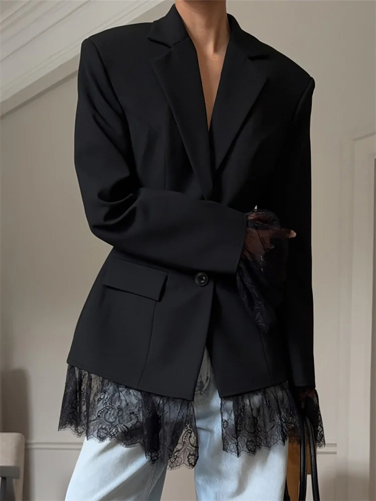 Spring Lace Patchwork Blazers Coat For Women Lapel Commute High Waist Long Sleeve Printed Streetwear Female Suit Outwear view 4
