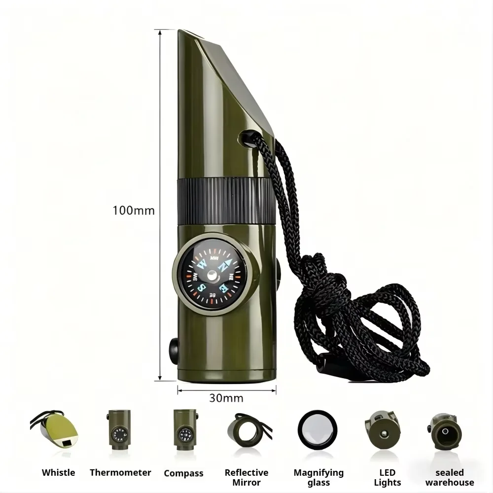 7in1 Multi‑Function Survival Whistle Portable Emergency Tool with Compass Thermometer   for Camping Hiking Outdoor Survival