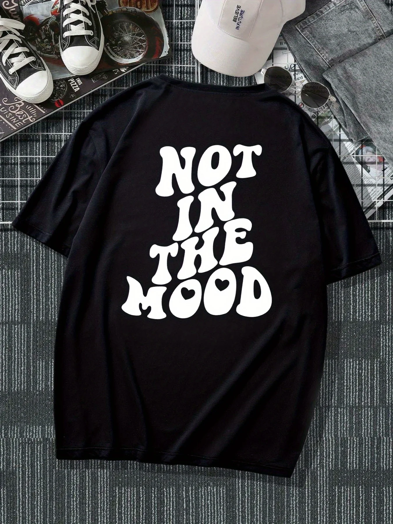 

"Not In The Mood", Men's Casual Slightly Stretch Crew Neck Graphic Tee, Male Clothes For Summer