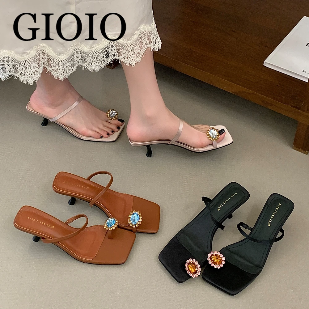 

Fashion Sandals Slides Women Thin Heels 2026 New Summer Diamonds Crystal Female Square Toe Shallow Ladies Heeled Sandals Shoes