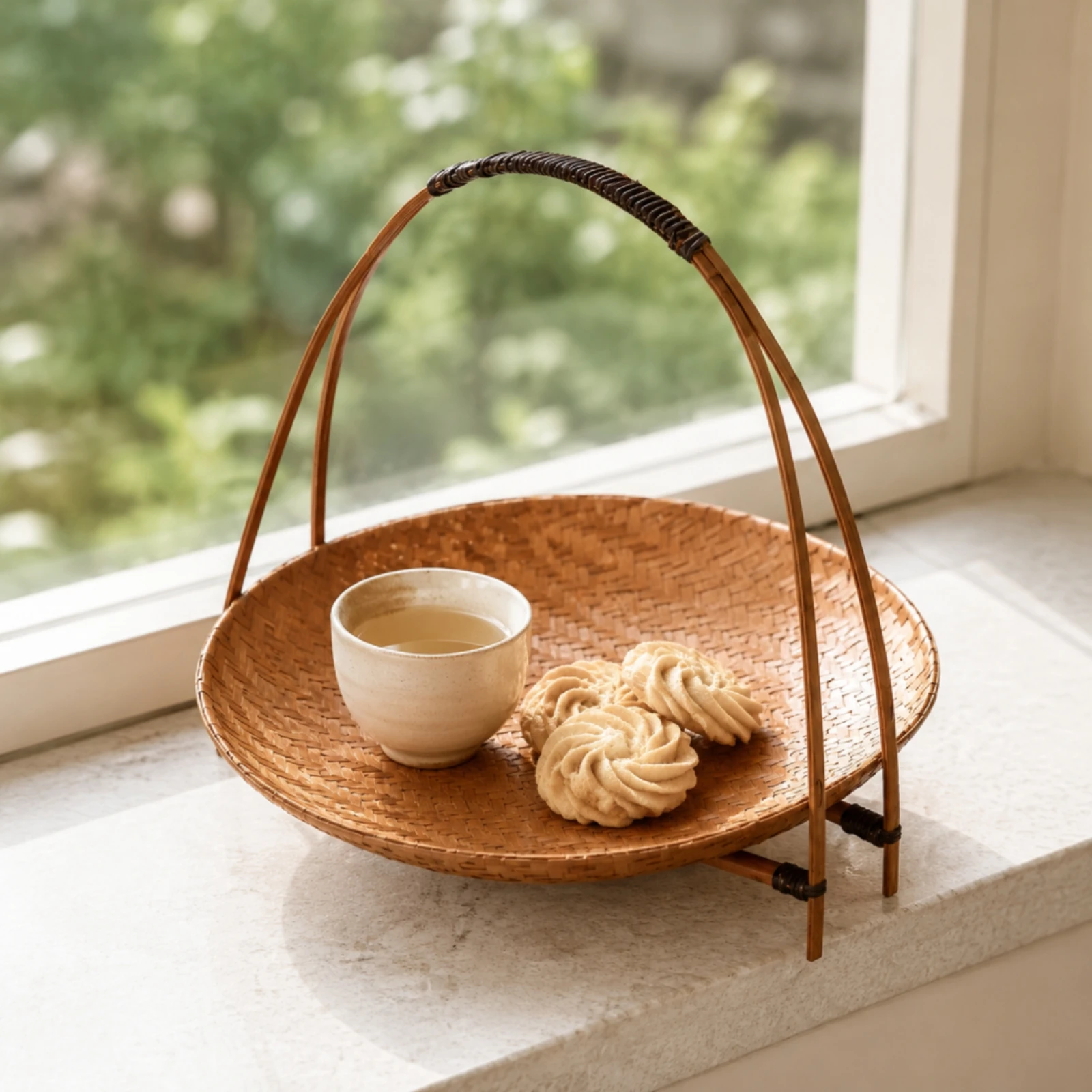 Woven Basket Tray with Stand Freestanding Bamboo Tray with Handle Basket with Handle Decorative Natural for Hosts