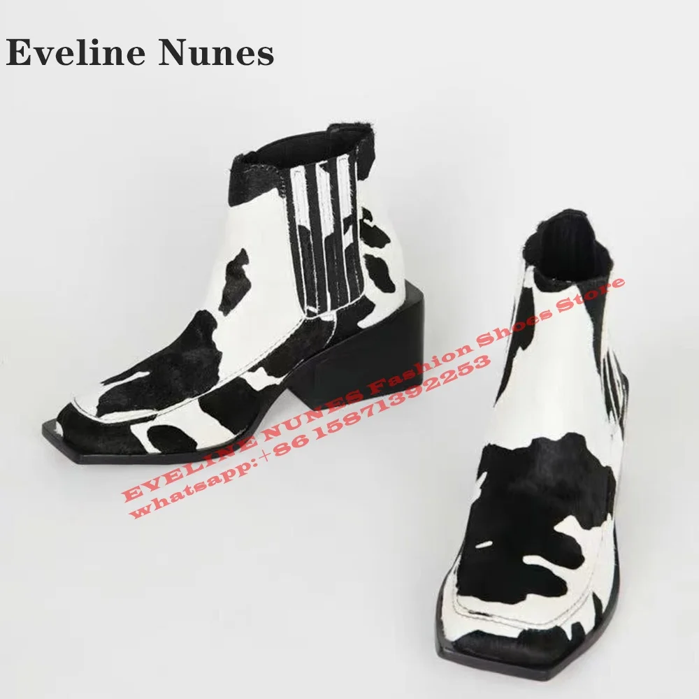 

Milk Pattern Square Toe Fashion Ankle Boots Block Heels Mixed Colors Pull On Runway Show Couple Modern Booty 2024 Winter Newest