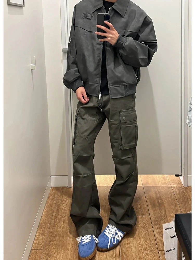 

Cleanfit Tobacco Brown American Sle Men's Workwear Pants Multiple kets Slim Fit Micro Flare Casual Trousers Autumn