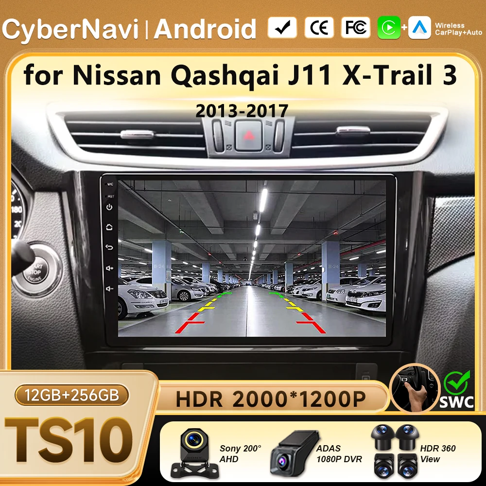 Radio para Auto con CarPlay y Android Auto Inalámbrico para Nissan Qashqai J11 X-Trail 3 2013-2017, Navegación GPS, Reproductor Multimedia de Video