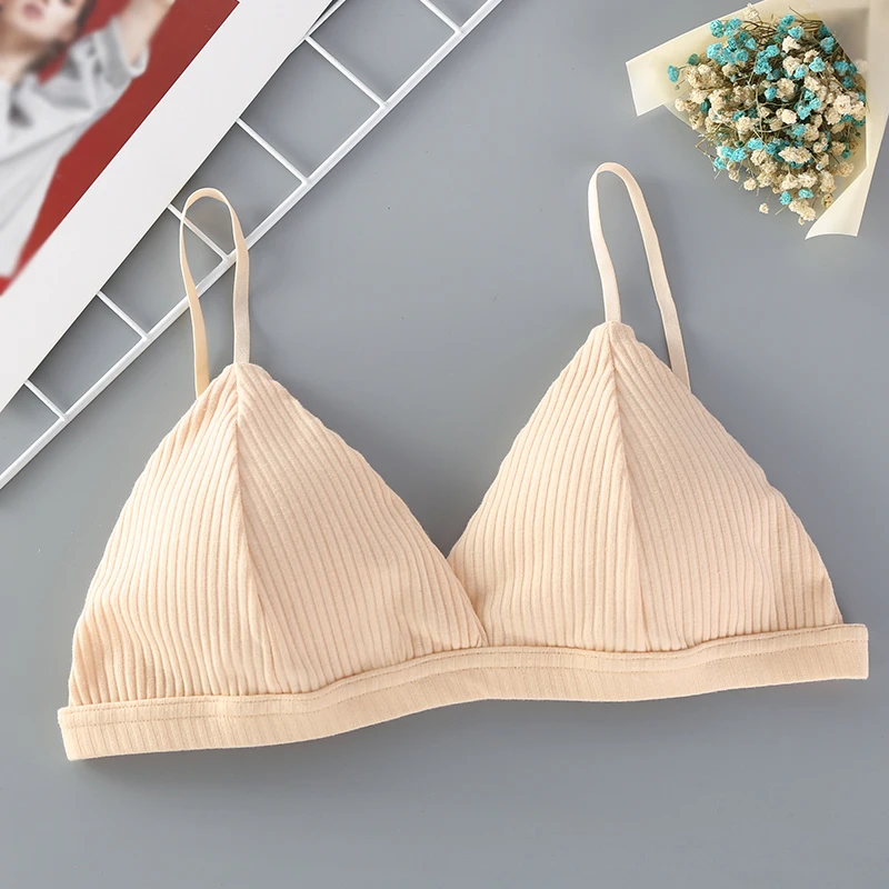 Women Sexy French Triangle Bra Solid Knit Rib Full Coverage Wireless Adjustable Thin Padded Brassiere