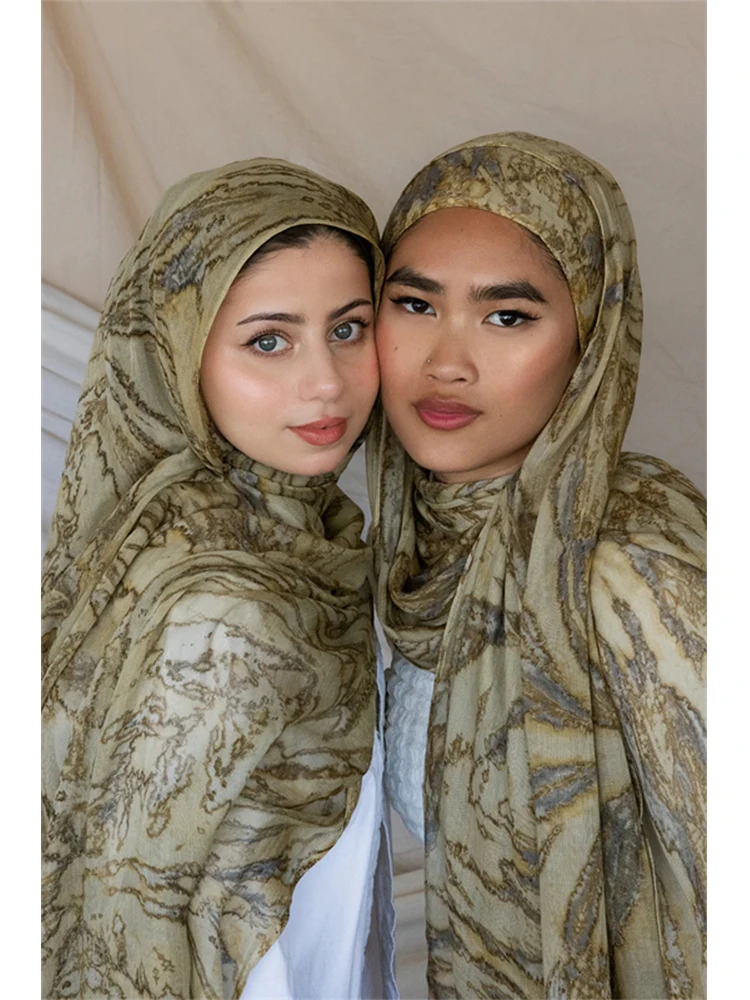 2025 New Print Voile Scarf Vintage Muslim Hijab for Women Lightweight Sunscreen Head Wrap Beach Shawl Boho Travel Accessory