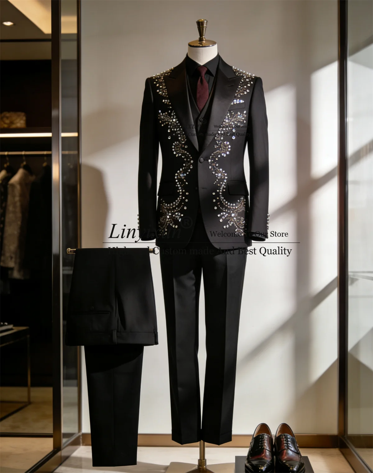 

High End Gem Rhinestones Men Suits 3 Piece Sets Wedding Groom Tuxedo Slim Fit Outfit Male Prom Blazers Customized Costume Homme