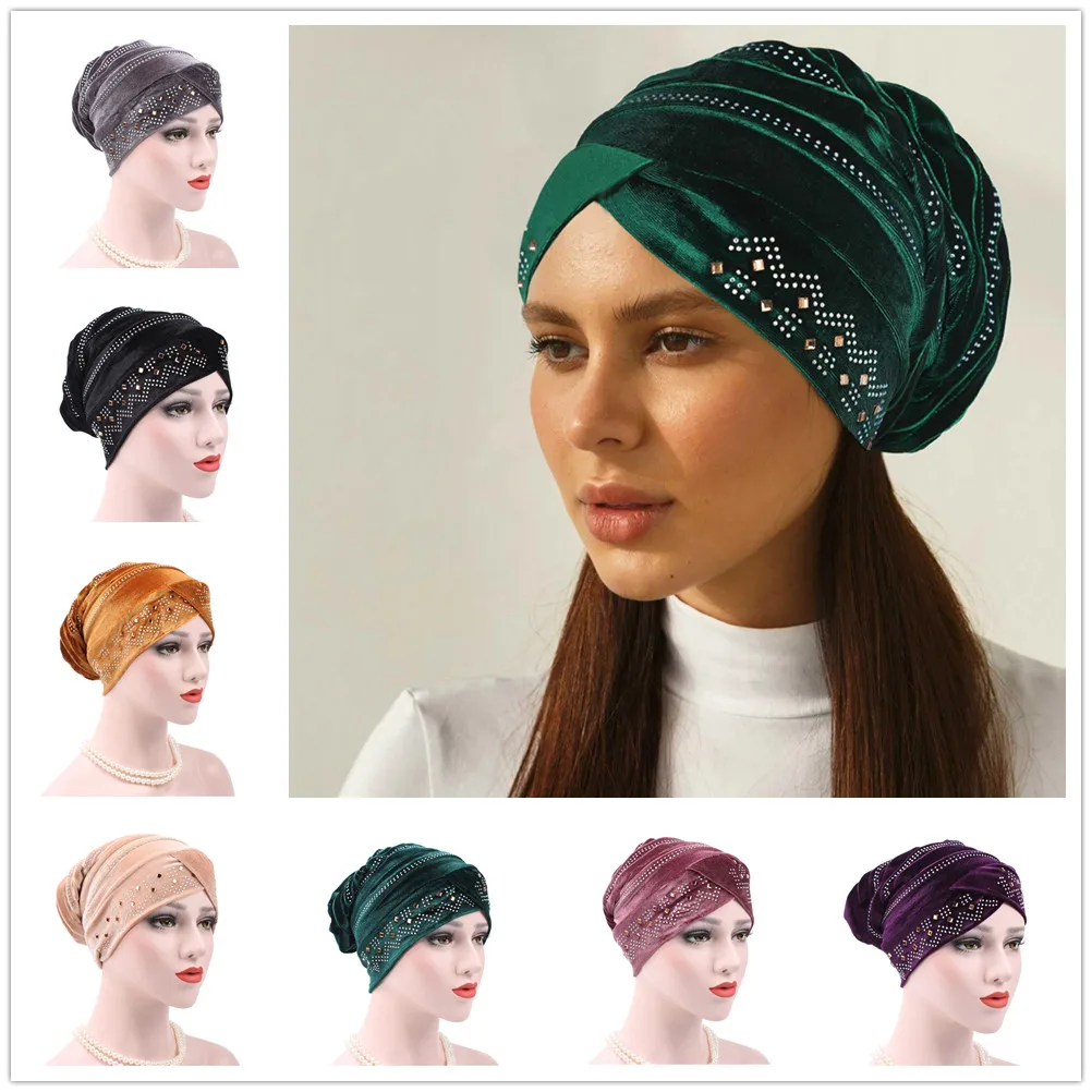 African Pre-Tied Hijab Headwraps Green Crystal Head Wrap Pleated Velvet Stretchy Daily Prom Turban Beanie Caps for Women