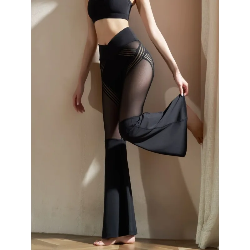 Transparente Mesh-Yogahose mit Hoher Taille und Ausgestelltem Bein für Damen, Dehnbare Durchsichtige Workout-Fitness-Hose mit Glockenbein