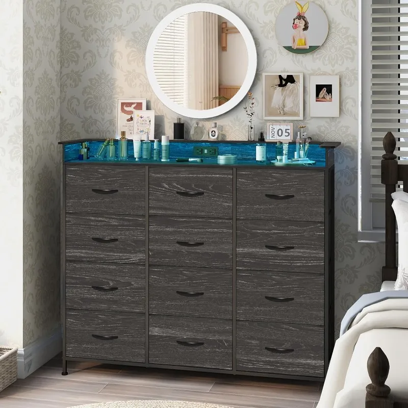 

Black Dresser with LED Light 12 Drawers Dresser with Charging Station Dressers for Bedroom with 12 Fabric Drawers for Bedroom Ha