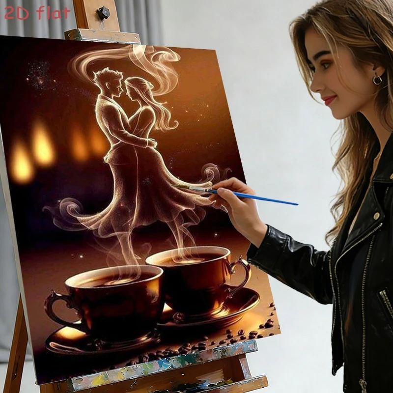 2D/Flat 1pc Frameless DIY Adult Paint by Numbers Kit for Professional Art Use: Romantic Couple Coffee, Painting the Dreamy Dance