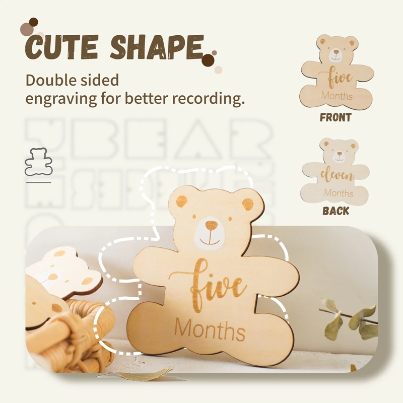 Wooden Baby Milestone Baby Birth 0-12 Month Number Cartoon Bear Commemorative Milestone Souvenir Newborn Photogroph Accessories