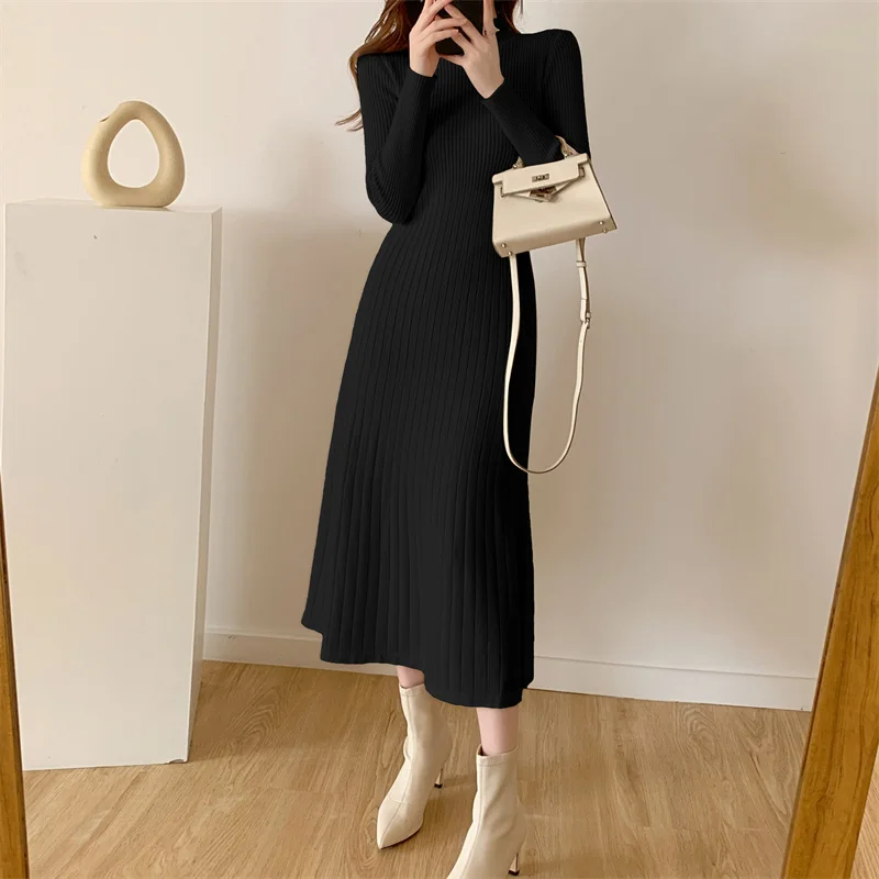 Autumn Winter 2024 Slim Long Sleeve Party Midi Dress for Women Knitted Half High Collar Elegant Knitted Sweater Dresses Ladies