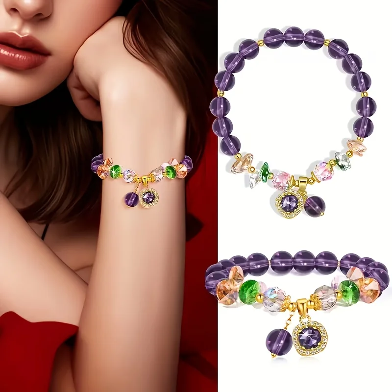 2-Pack of Purple Bracelets, Purple Natural Bracelets with Cubic Embellishments, Fashionable Jewelry in Purple and Gold Tones, Great Holiday Gift Items