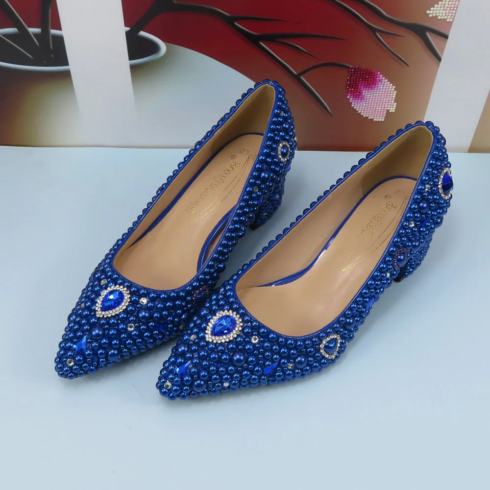 Fashion Royal Blue Pearl Pointed Toe Wedding Shoes bag Set Woman High Pumps Thick Heel Party Shoes Matching Evening Bag Shallow