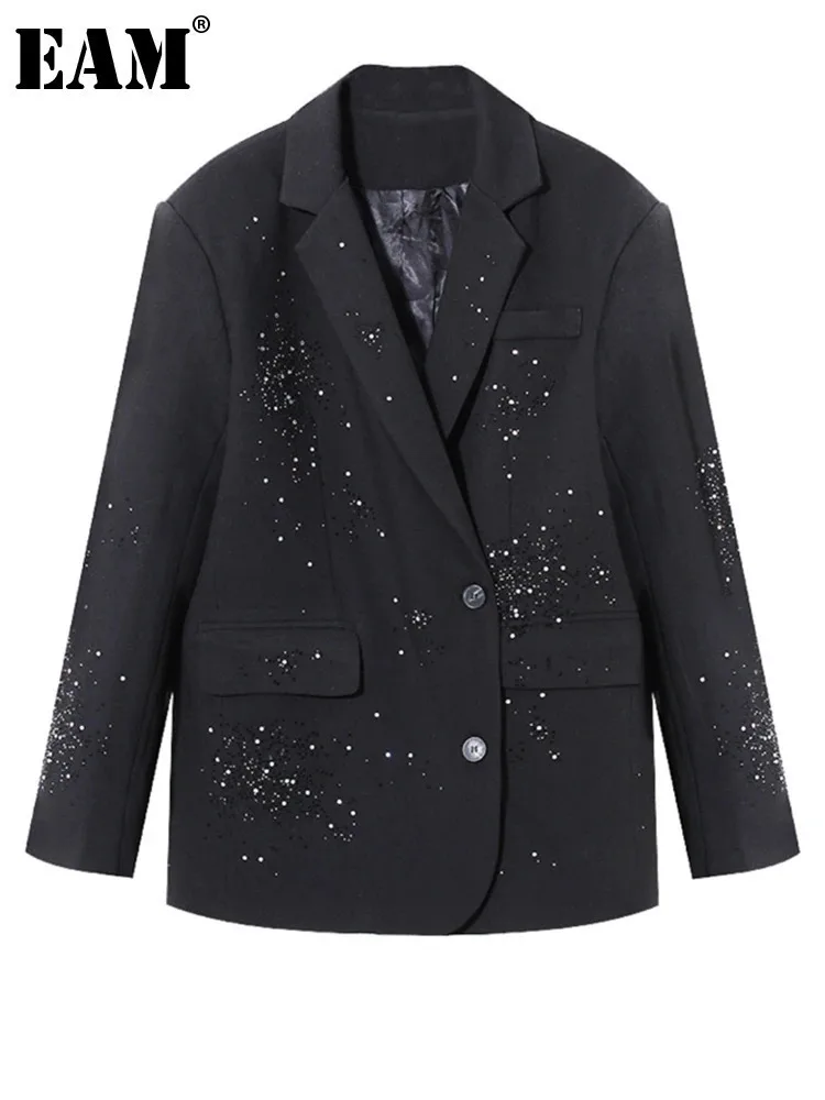 [EAM] Women Black Rhinestones Shining Big Size Elegant Blazer New Lapel Long Sleeve Jacket Fashion Spring Autumn 2024 7AB3822