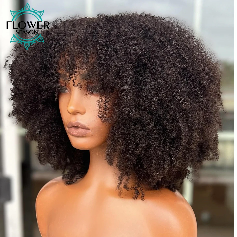 Kinky Curly Wigs With Bangs 200 Density Brazilian Afro Kinky Curly Human Hair Wigs Scalp Top Full Machine Made Wig for women