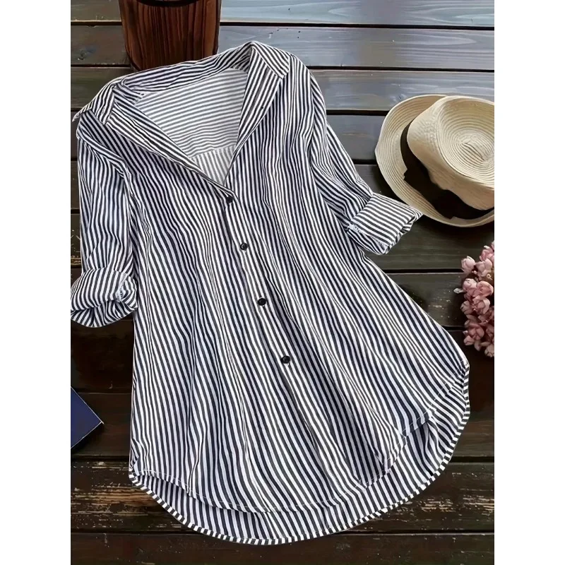 Plus Size 1XL-5XL Tops for Women Long Sleeve Casual Striped Print Button Down Shirts Loose Turn Down Collar Blouses