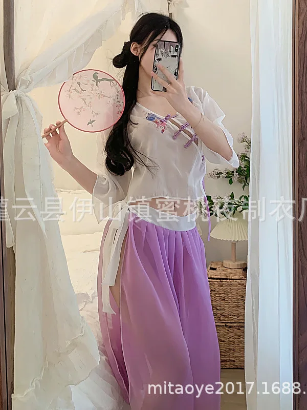 lingerie Republic of China style cheongsam sexy sheer split long sleeved pajama dress set 78NN Side slit hem White Purple