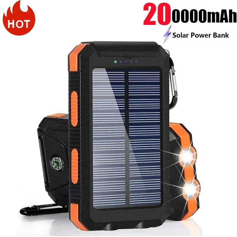 

200000mAh Large Capacity Solar Power Bank Portable Outdoor Charger PowerBank External Waterproof Battery Charging with LED Light