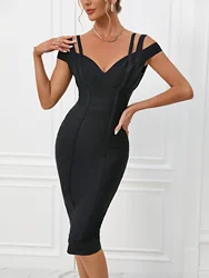 Black Bandage Dress Women Party Dress Bodycon Elegant Ribbed Sexy Off Shoulder Birthday Evening Club Outfits New Year 2024