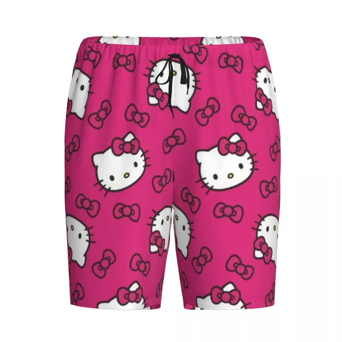 Pantalones cortos de pijama de Hello Kitty para hombre, ropa de dormir elástica con lazo rosa personalizado, Anime, con bolsillos