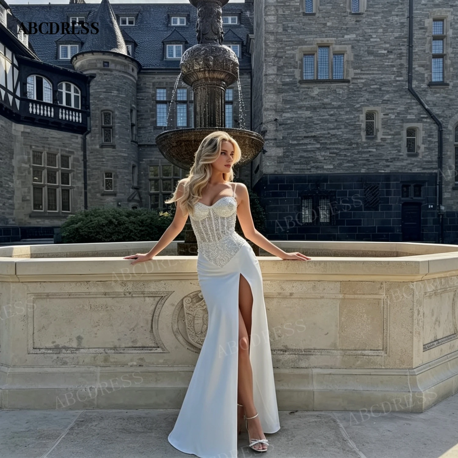 ABCDRESS Customized White Beaded Sweetheart Evening Dress Spaghetti Strap High Slit Prom Party Gown Mermaid vestidos de noiva