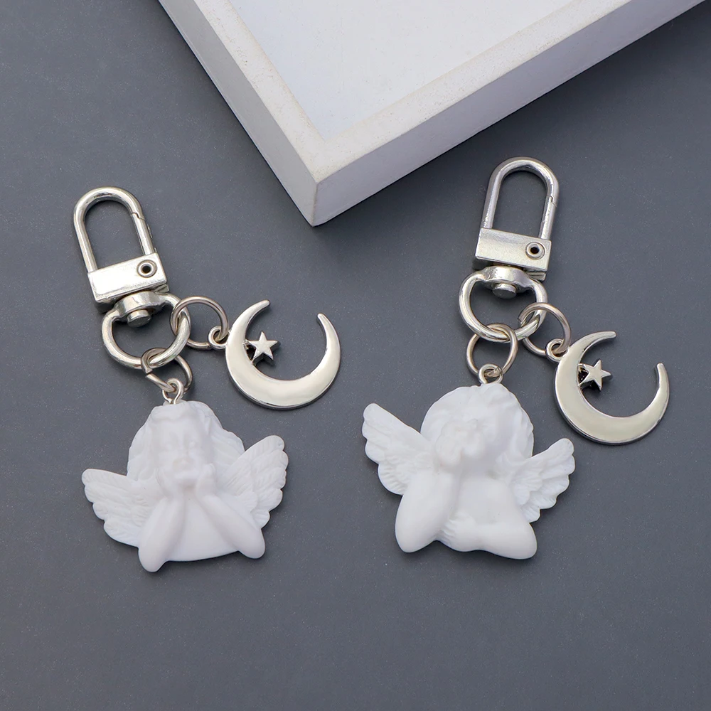 Baby Shower Baptism Angel Heart Pendant Keychain Cute Mini Moon Star Keyrings Phone Case Charms Accessories Key Holder Gift