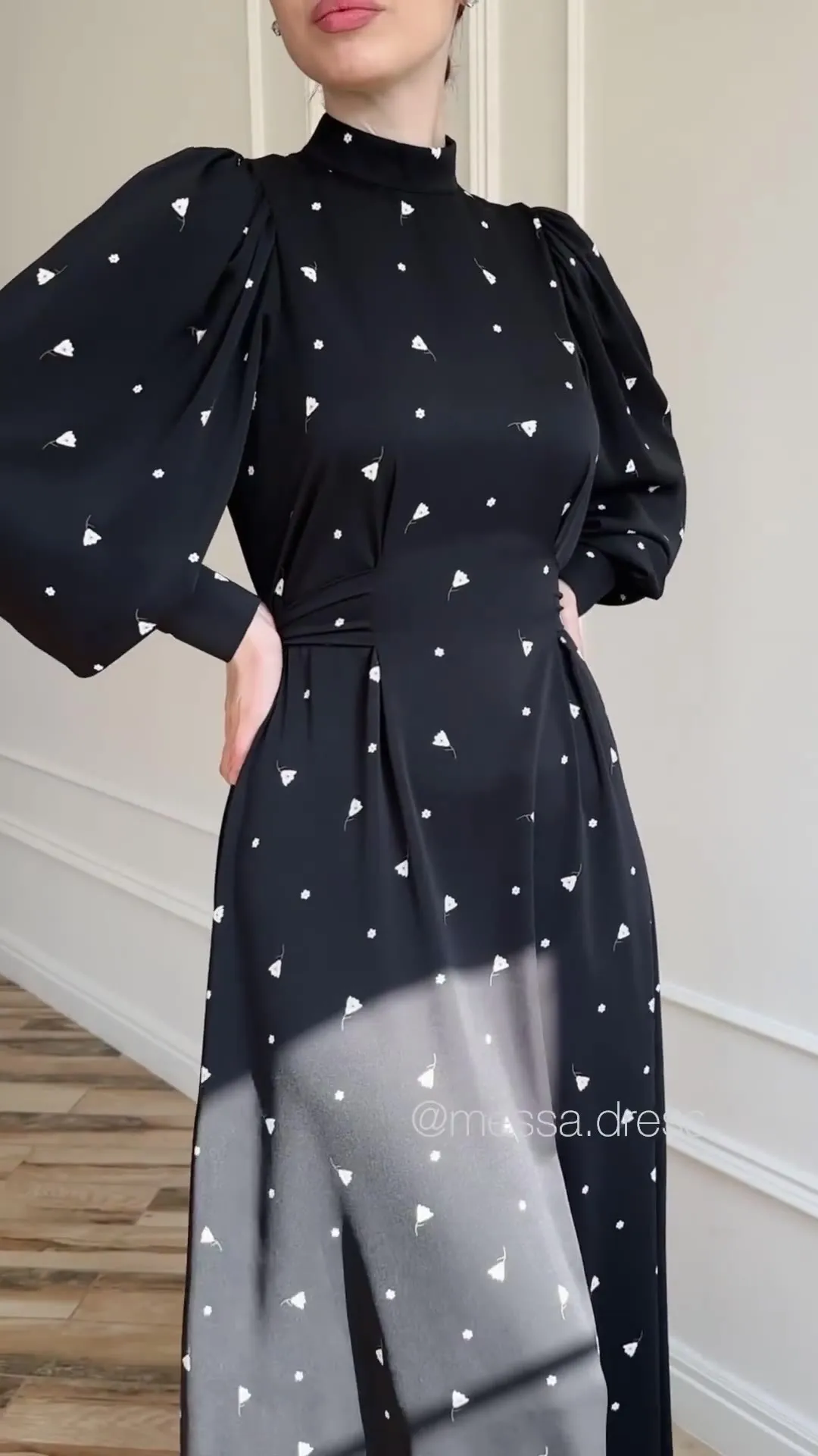 2024 Flowers Printed Long Woman Dress Lantern Sleeve Satin Ladies Clothing Half High Collar with Belt Maxi Vestido Gentle Style