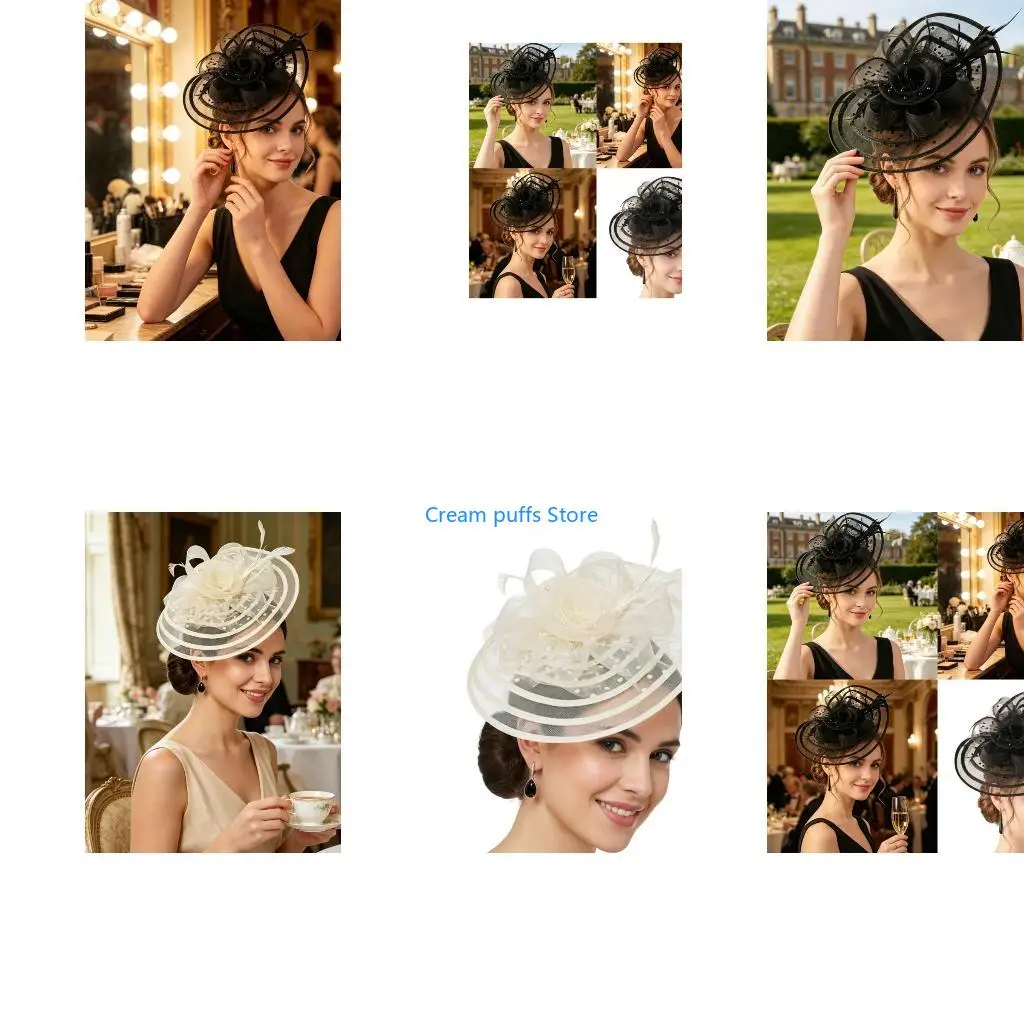 50LE Flower Derby Hat with Hair Clip Fascinator Headpiece For Women Formal Occasion