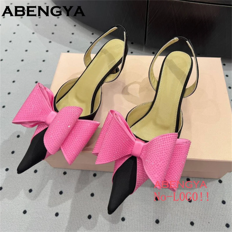 الصيف كريستال Bowknot أحذية عالية الكعب المرأة أحذية الحفلات الزفاف بوينت تو Slingback الصنادل النساء المصارع أحذية السيدات 2025